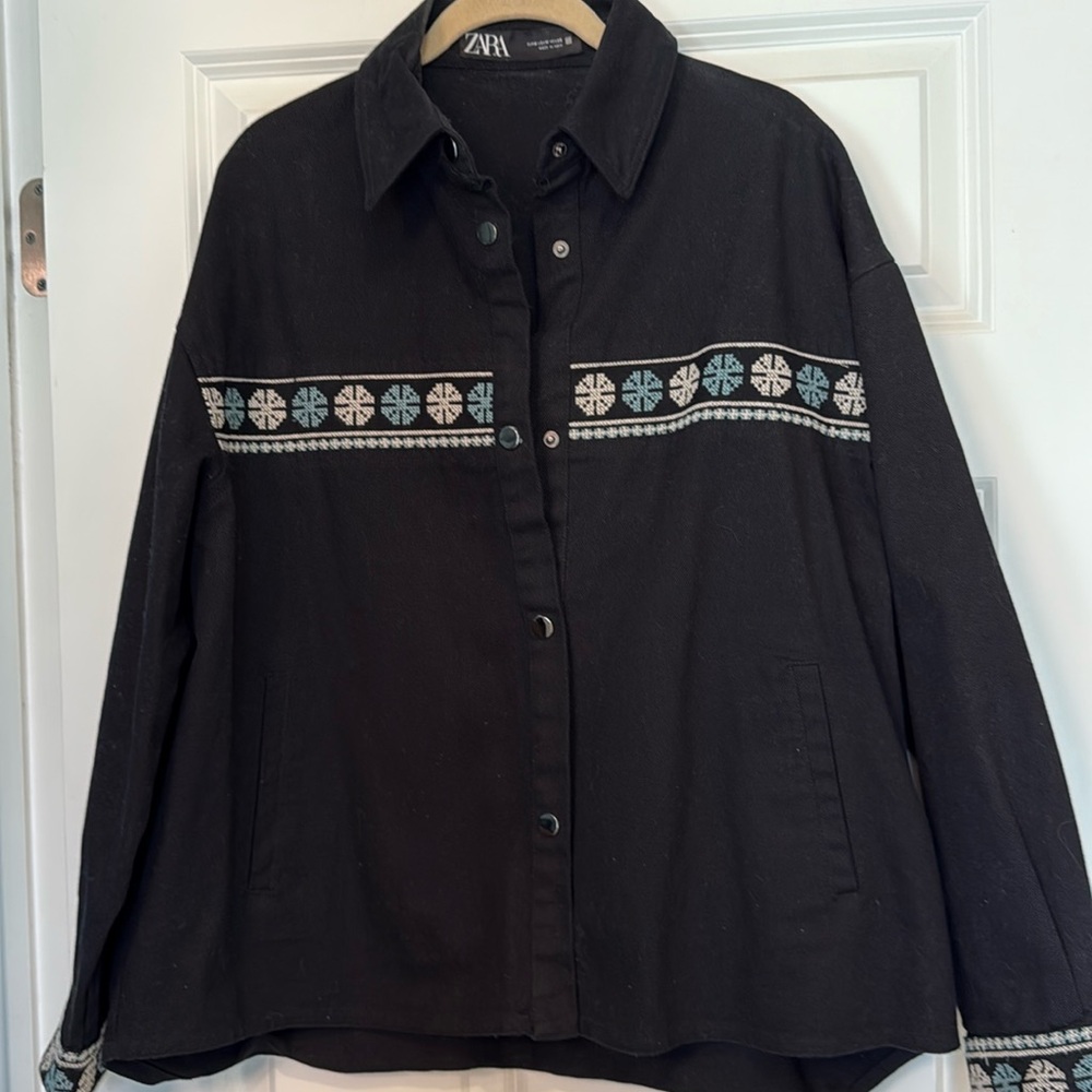 Zara Black Embroidered Denim Jacket